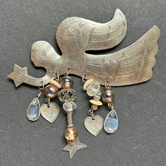 HANDMADE ARTISAN Brooch Bohemian Angel Silver Beads Hearts Stars - Picture 1 of 5